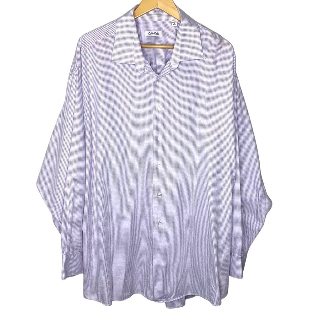 Calvin Klein Dress Shirt Mens Size 19 XXL Purple Check Business Office Cotton !